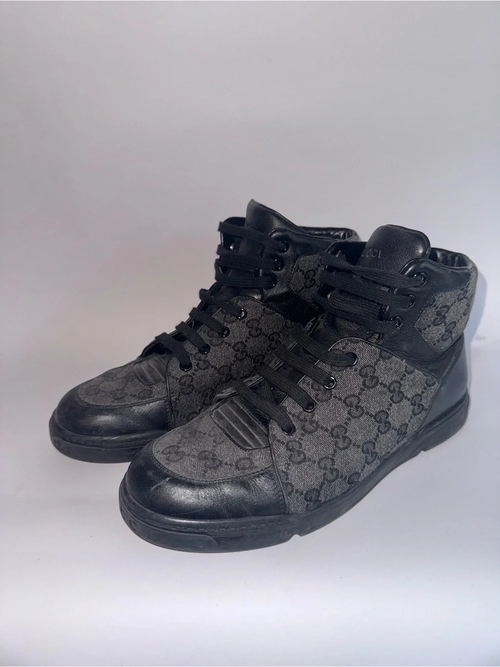 Gucci Black GG Monogram Canvas Leather High Top Men’s Sneakers Size 7